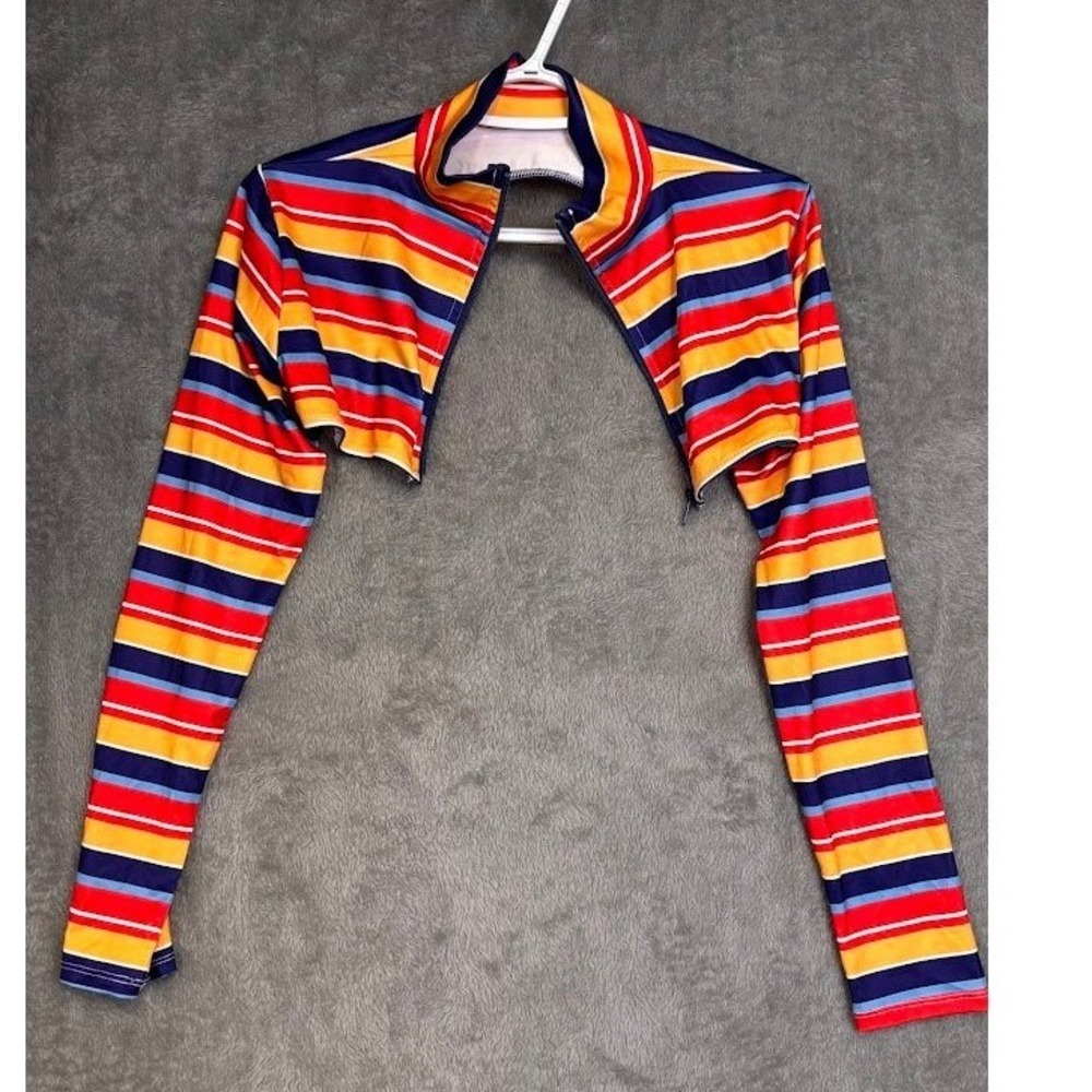 Forplay Striped Sexy Forplay "Wanna Play?" Bodysuit Chucky‎ Doll Shrug Mock Neck
